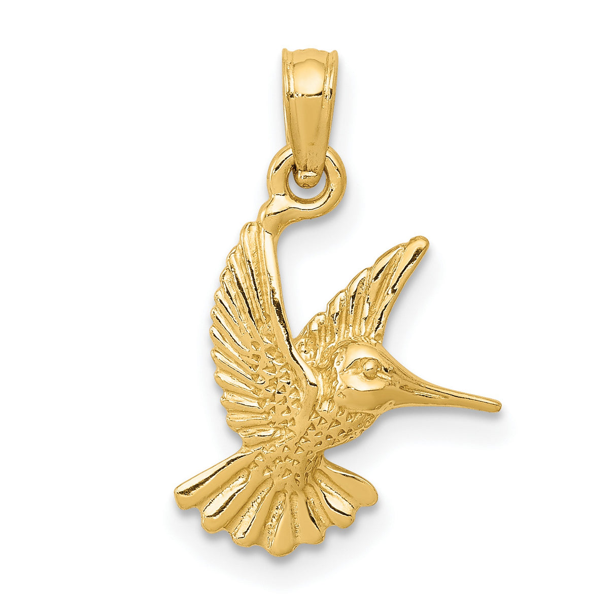 10k Yellow Gold Hummingbird Pendant with Ornate Wings and Feather Detail, Nature-Inspired Bird Charm