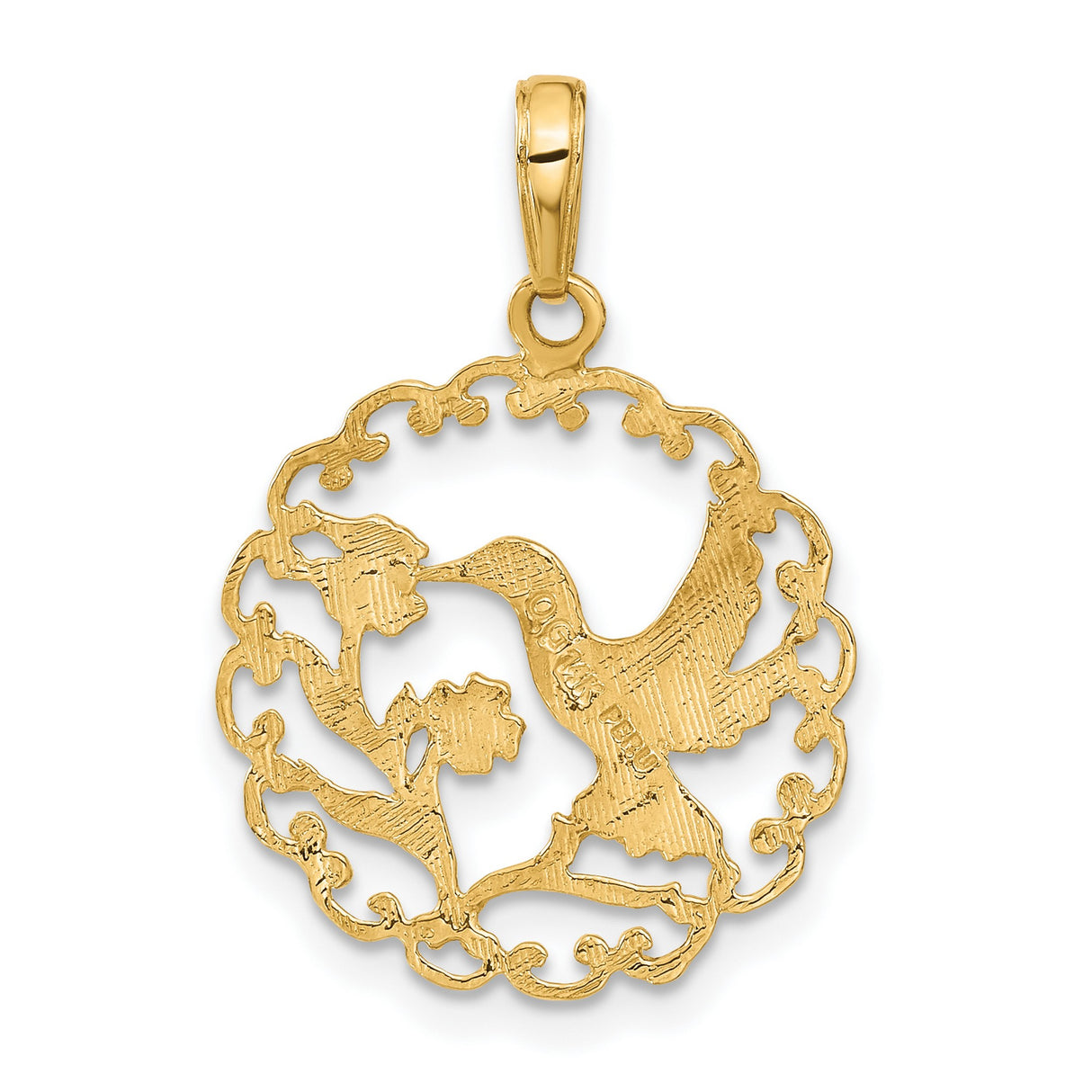 10k Yellow Gold Hummingbird Pendant with Floral Cut Design in Circular Frame