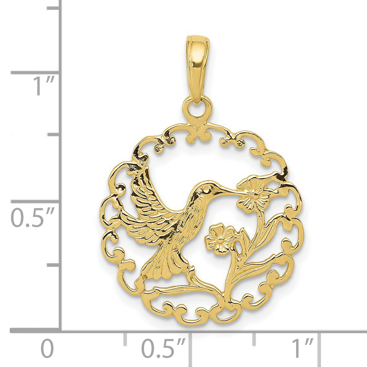 10k Yellow Gold Hummingbird Pendant with Floral Cut Design in Circular Frame