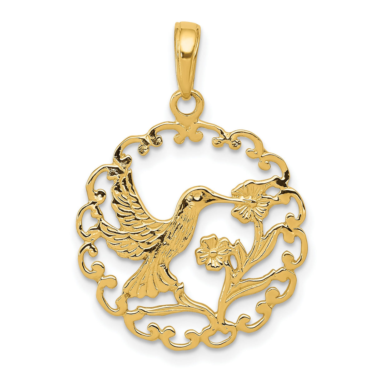 10k Yellow Gold Hummingbird Pendant with Floral Cut Design in Circular Frame