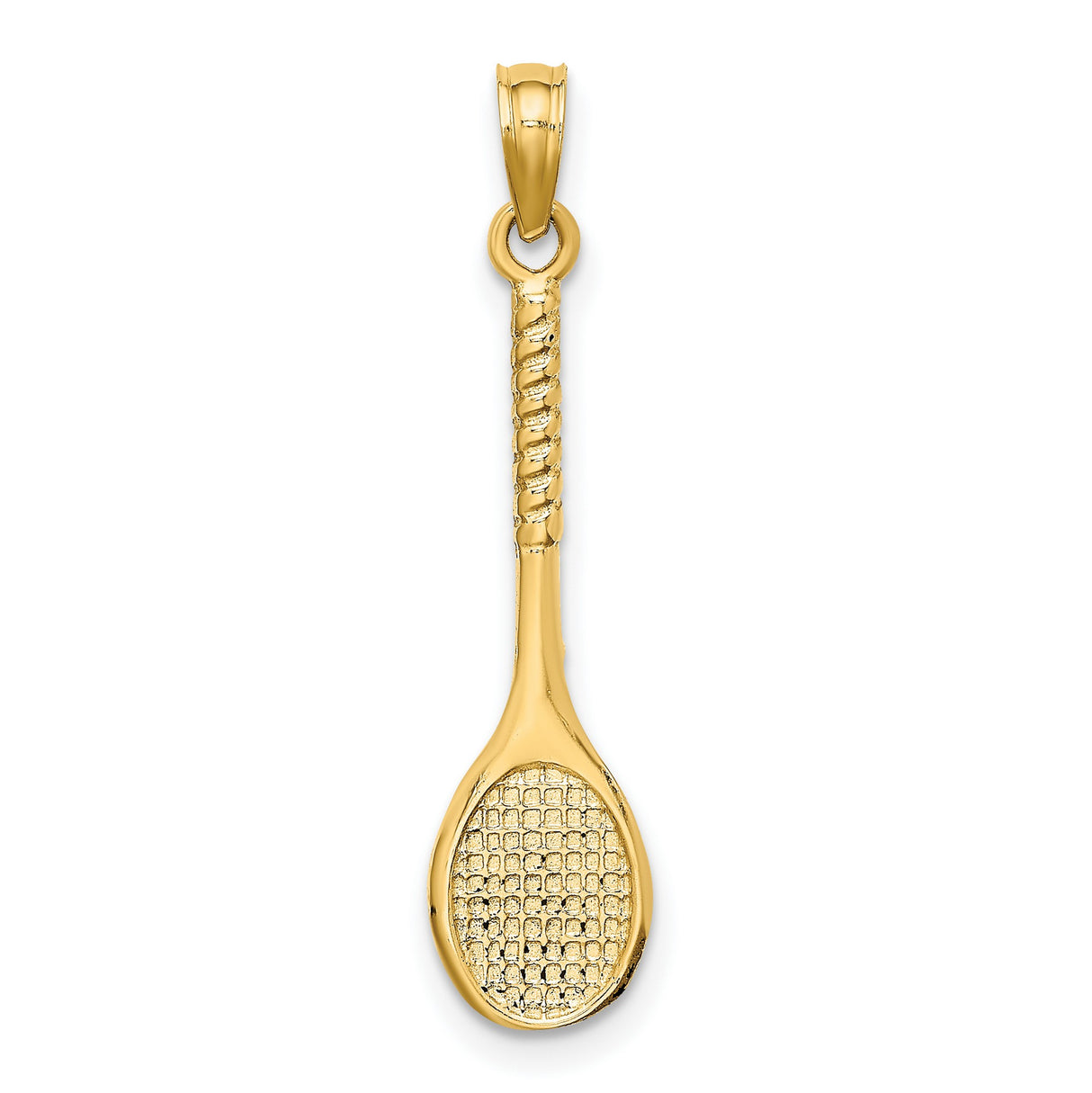 10k Yellow Gold Tennis Racket Pendant with Textured Strings and Handle Detail