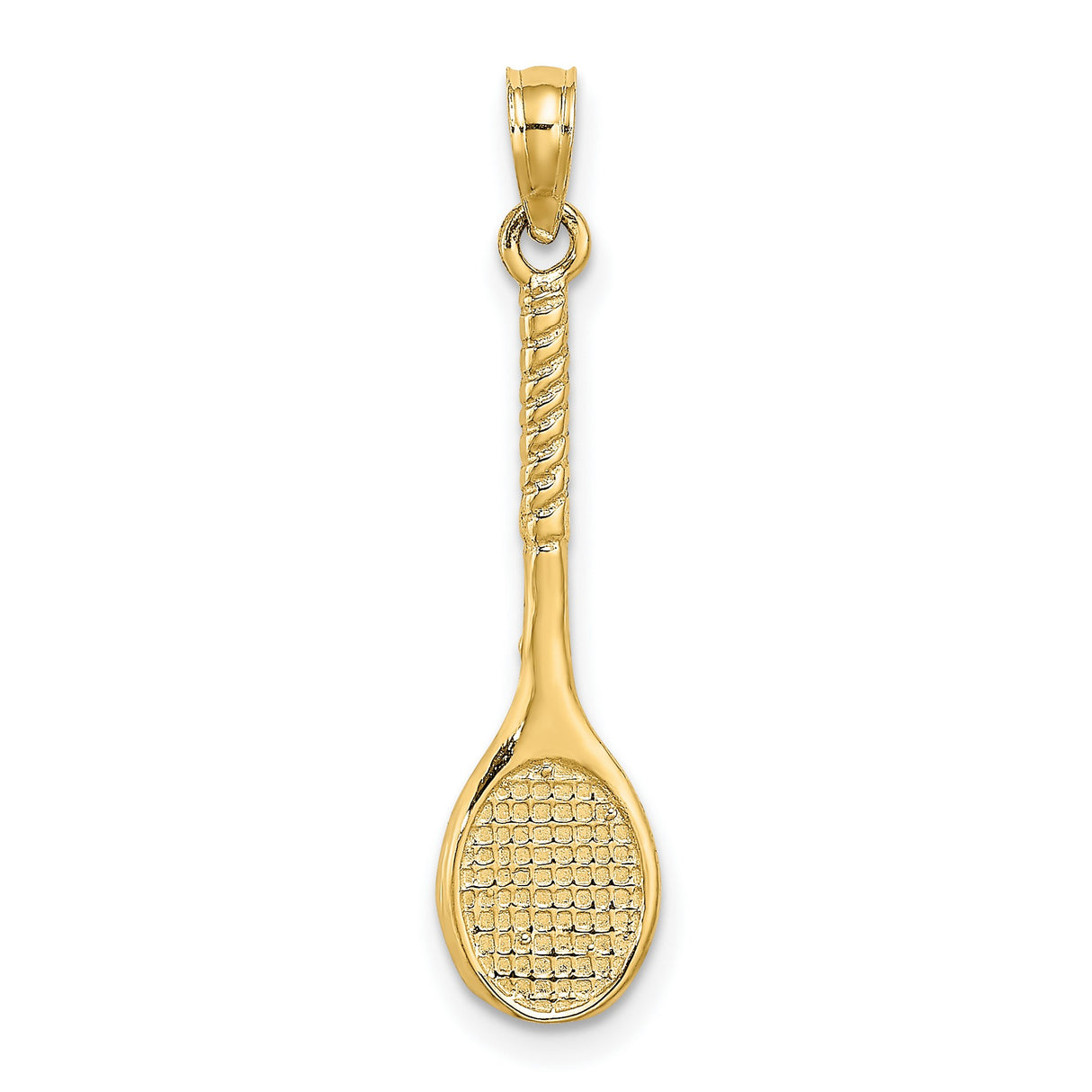 10k Yellow Gold Tennis Racket Pendant with Textured Strings and Handle Detail