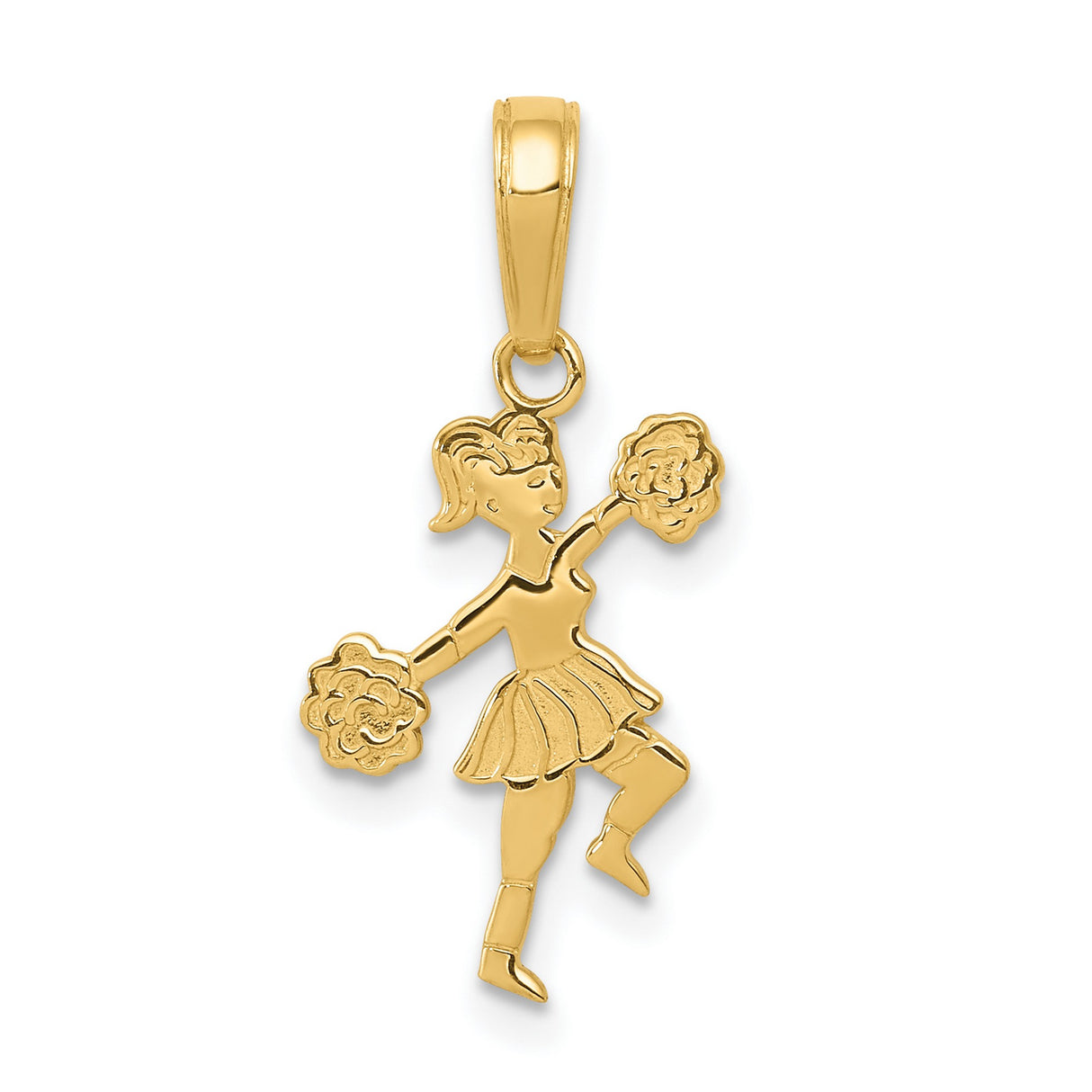 10k Yellow Gold Cheerleader Pendant with Pom-Poms, Mid-Dance Pose Charm for Women or Teens
