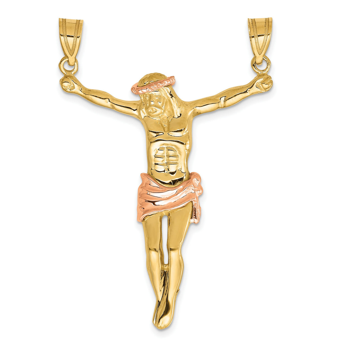 10k Two-Tone Gold Crucifix Pendant with Rose Gold Accents and Detailed Jesus Design