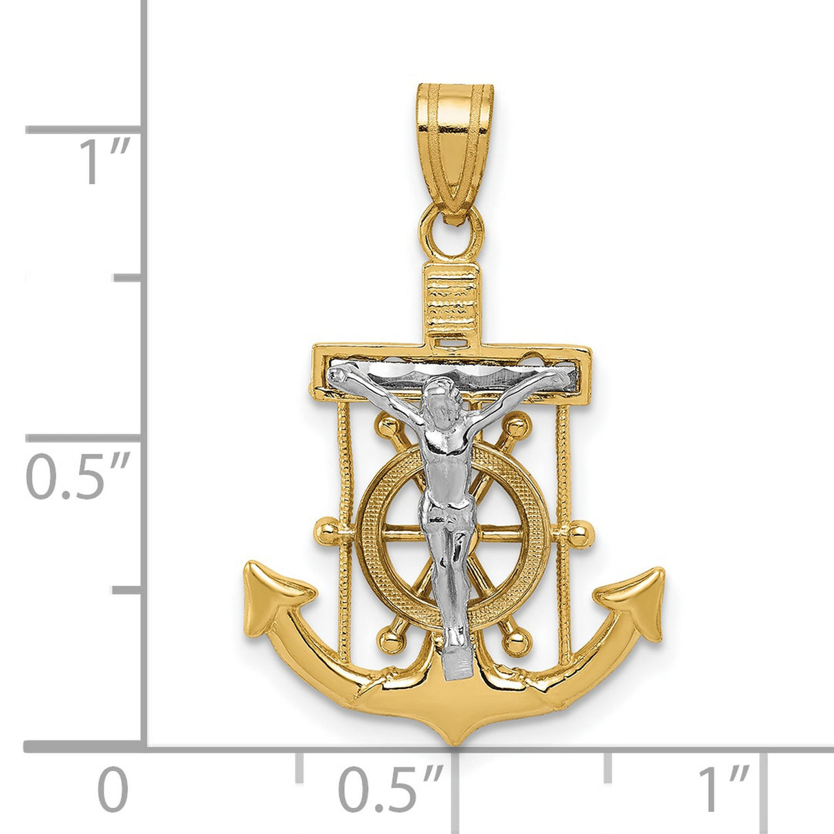 10k White and Yellow Gold Anchor Cross Pendant with Christ and Ship Wheel Design
