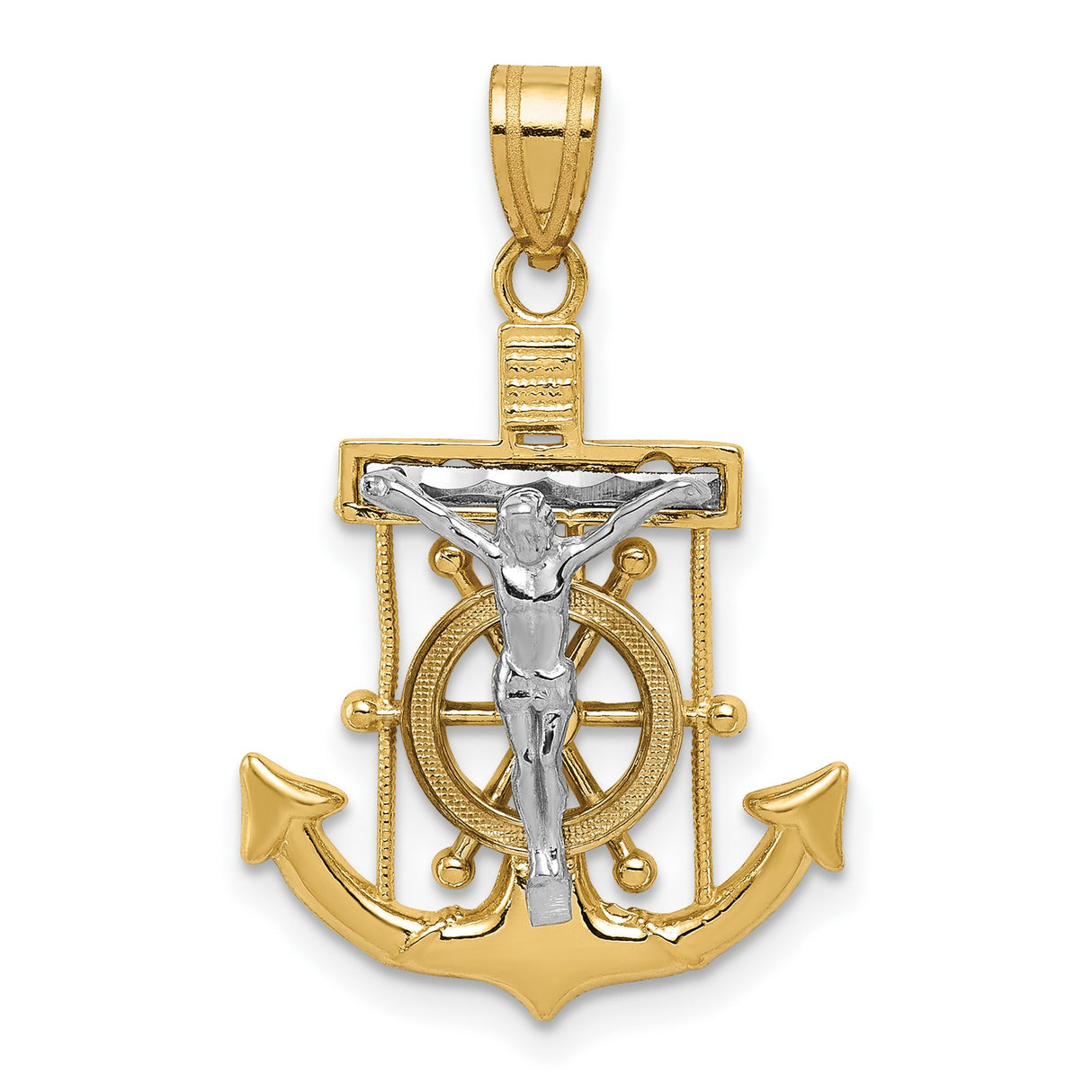 10k White and Yellow Gold Anchor Cross Pendant with Christ and Ship Wheel Design