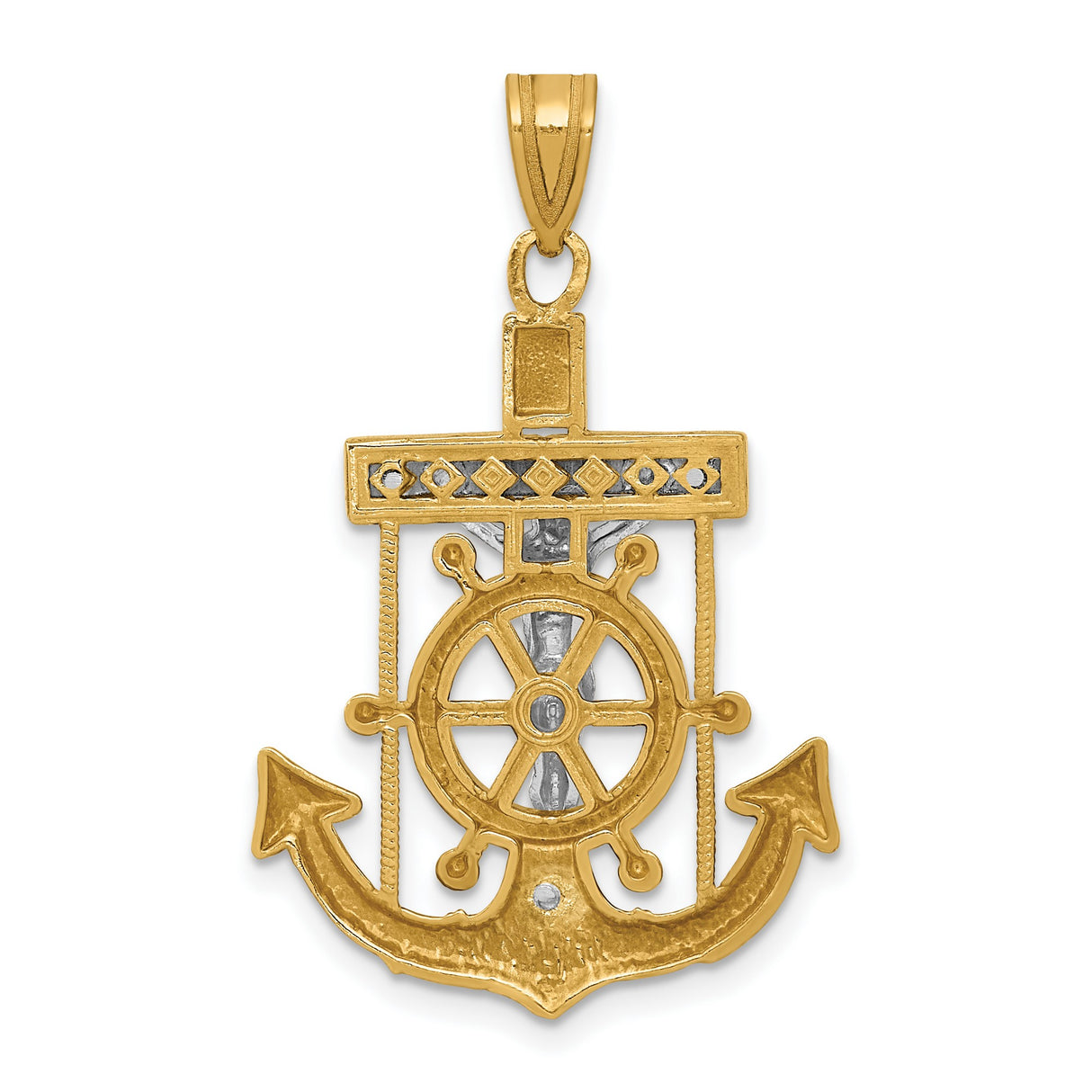 10k Two-Tone Gold Mariner Cross Pendant with Anchor and Ship Wheel Design