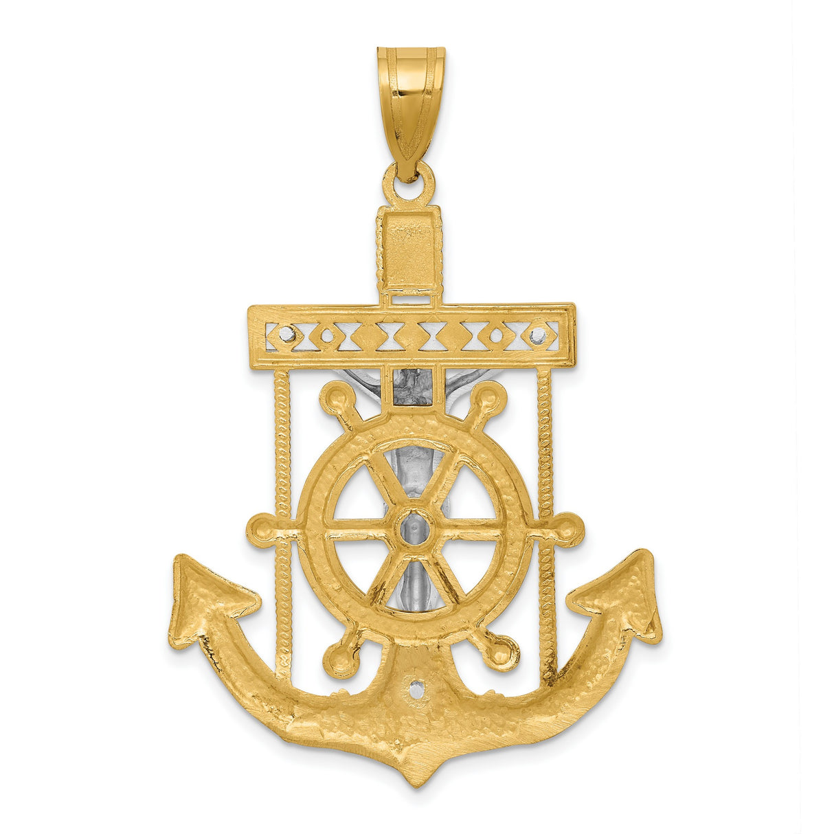 10k Two-Tone Gold Anchor and Cross Pendant with Rope Design, Nautical Faith Symbol