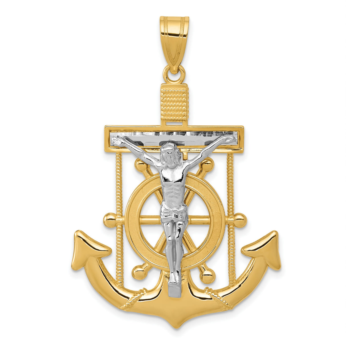 10k Two-Tone Gold Anchor and Cross Pendant with Rope Design, Nautical Faith Symbol