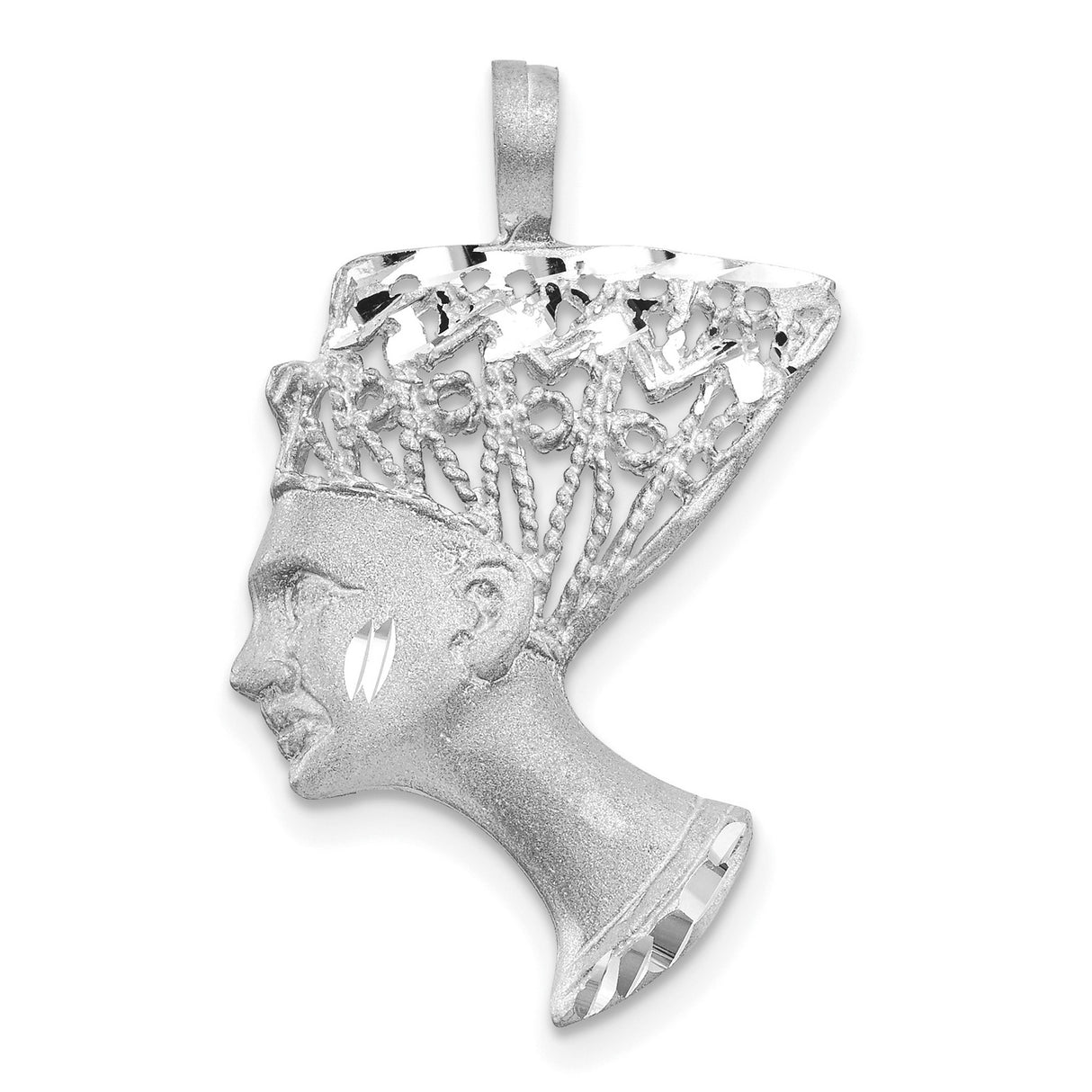 10k White Gold African Queen Pendant, Textured Headdress Profile, Afrocentric Cultural Jewelry