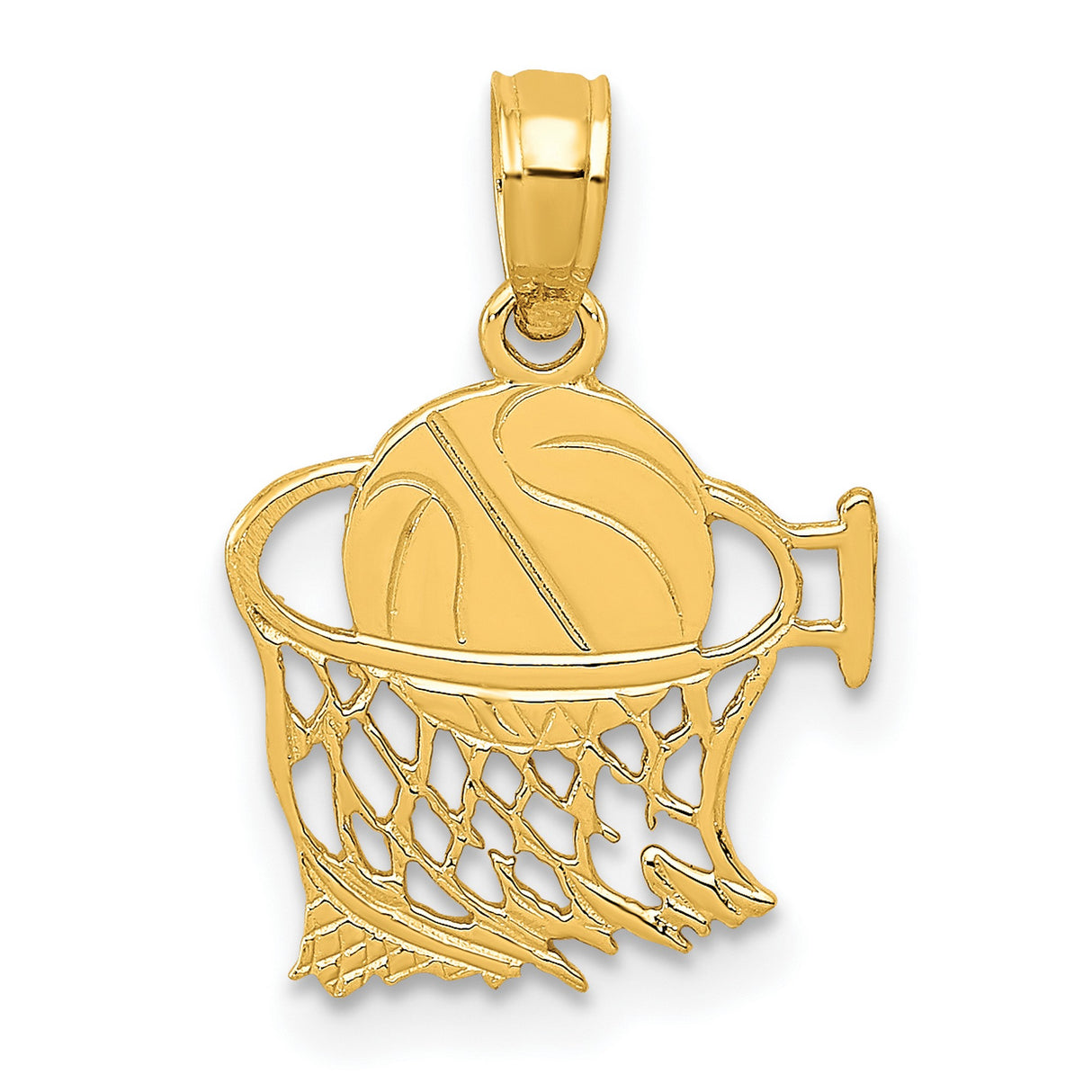 10k Yellow Gold Basketball Pendant with Hoop Net Design, Sports Charm for Men or Women