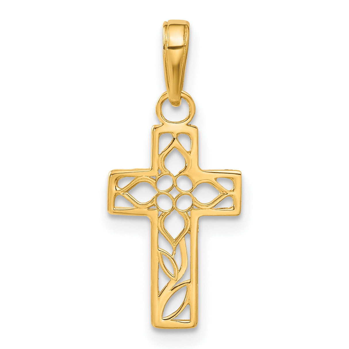 10k Yellow Gold Cross Pendant with Filigree Openwork and Diamond Cut Floral Design