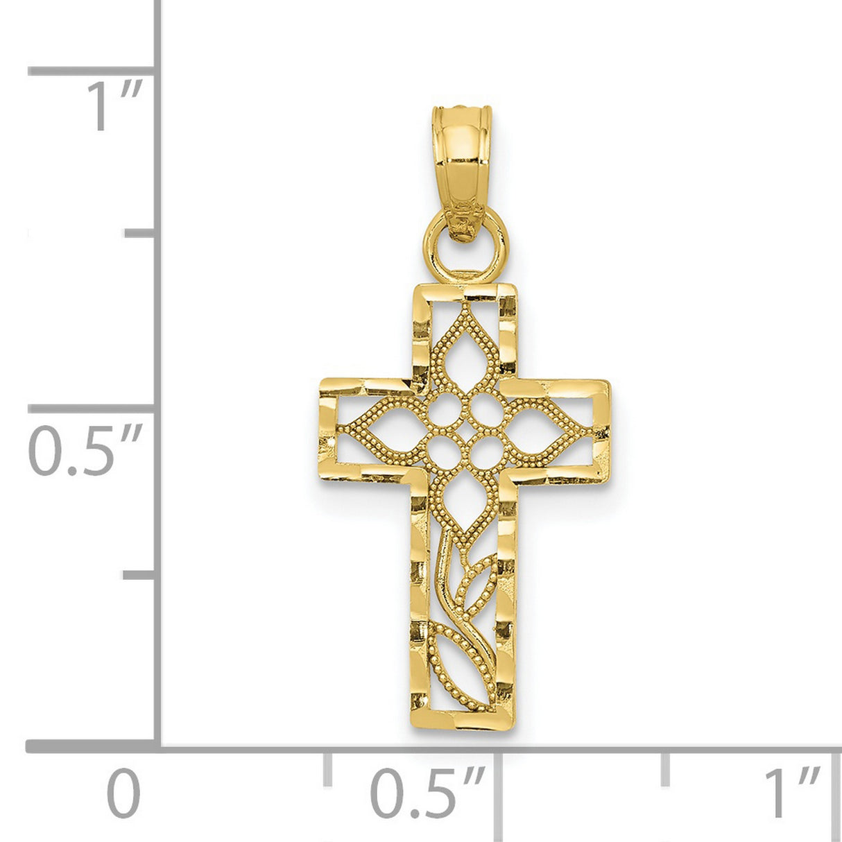 10k Yellow Gold Cross Pendant with Filigree Openwork and Diamond Cut Floral Design