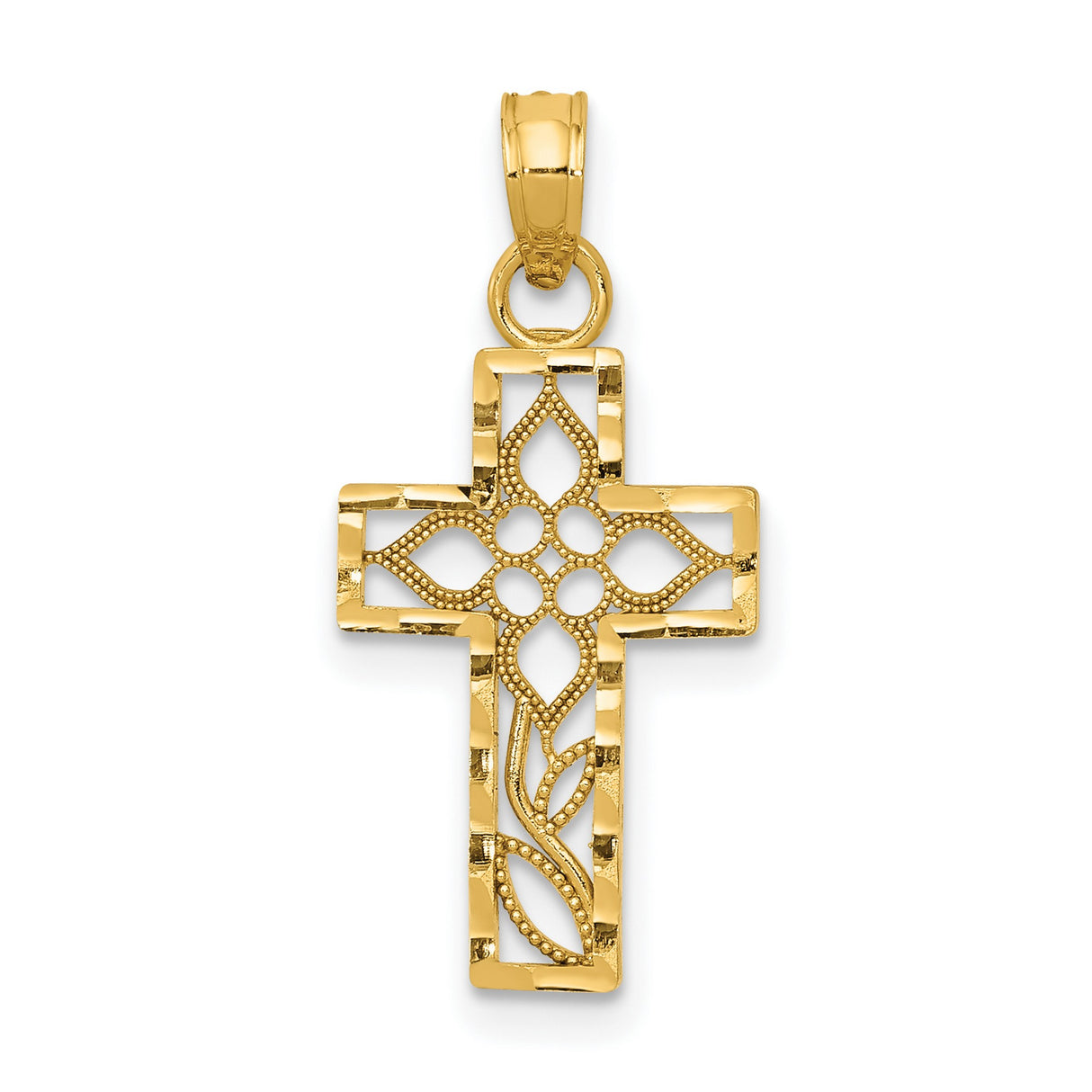 10k Yellow Gold Cross Pendant with Filigree Openwork and Diamond Cut Floral Design