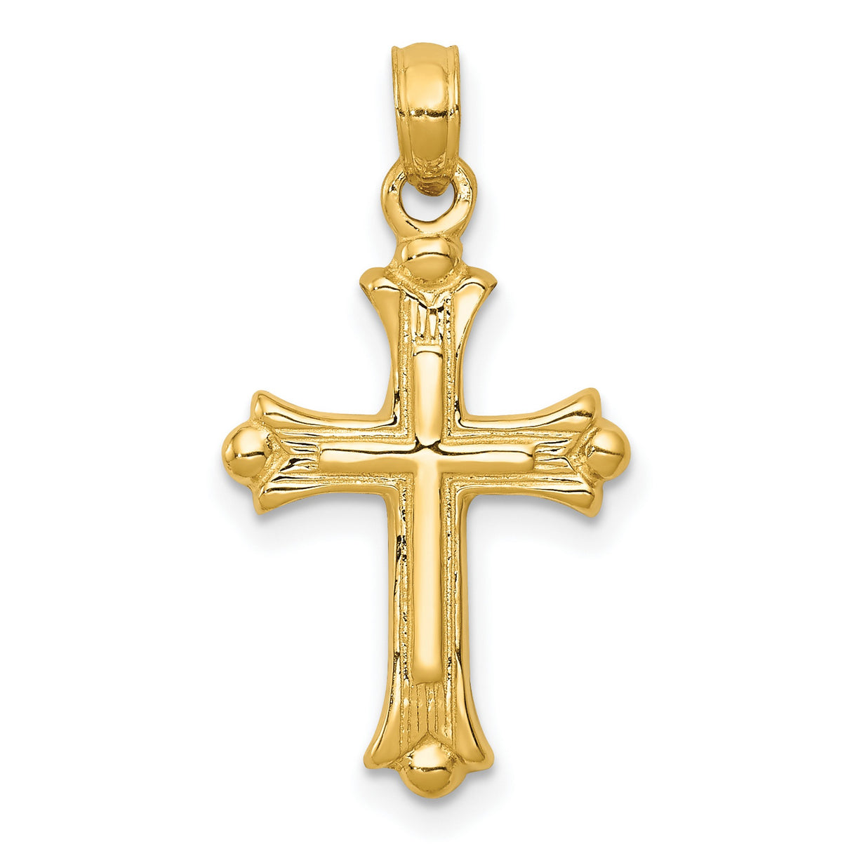 10k Yellow Gold Cross Pendant with Budded Beveled Design, Polished Religious Charm
