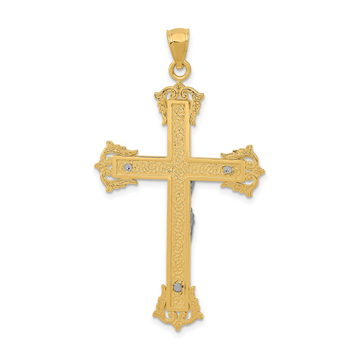 10k Two-Tone Gold Crucifix Pendant with Detailed Jesus Figure, Baroque Design, Religious Symbol