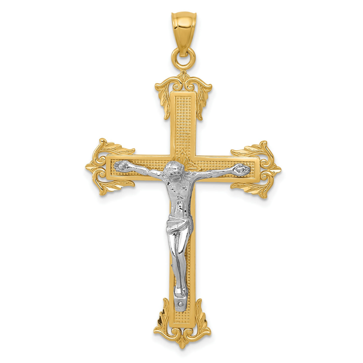 10k Two-Tone Gold Crucifix Pendant with Detailed Jesus Figure, Baroque Design, Religious Symbol