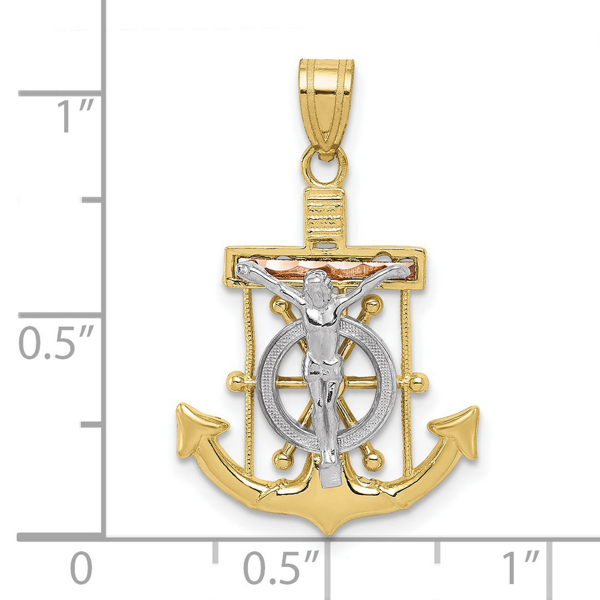 10k Tri Color Gold Mariners Cross Pendant with Anchor and Ship Wheel Detail
