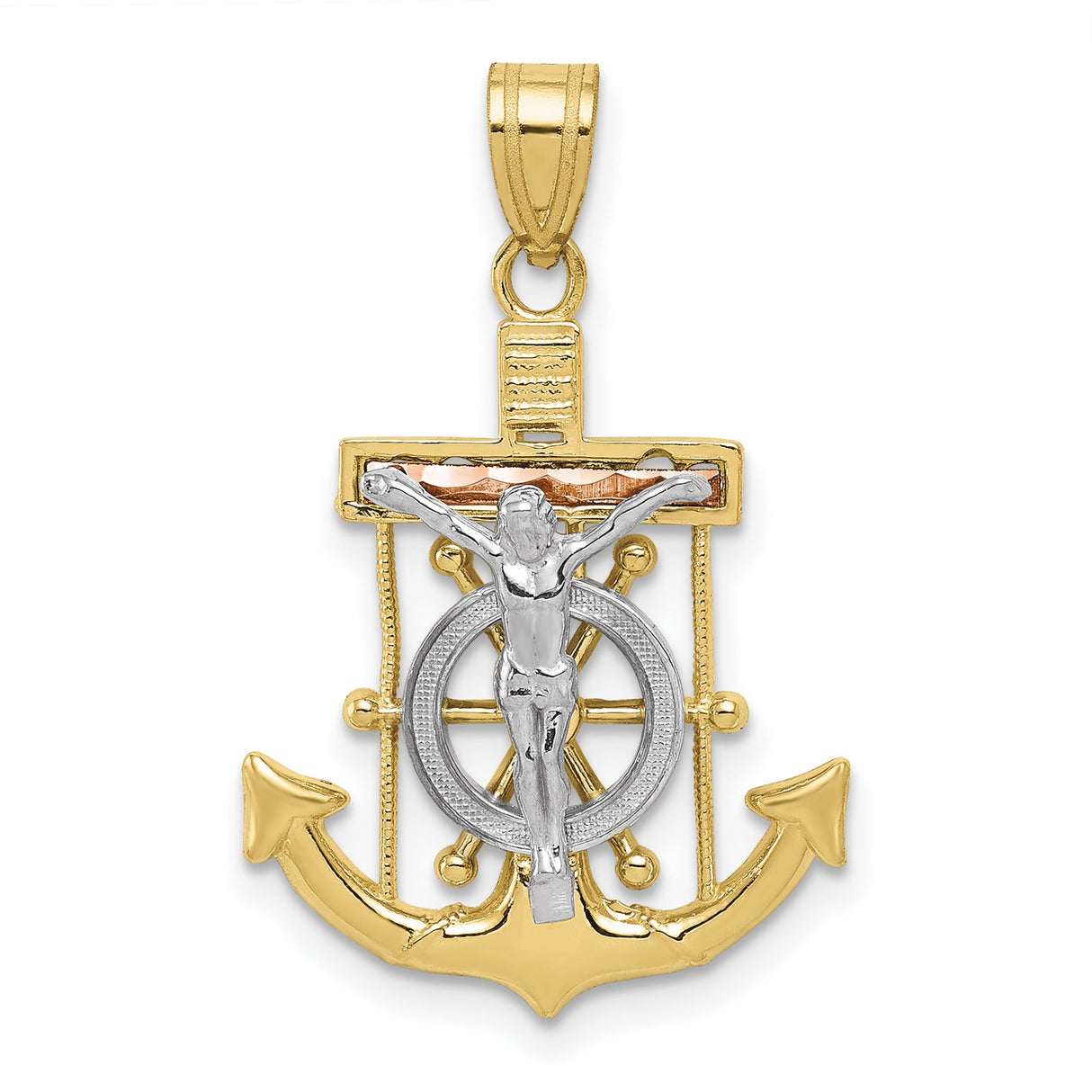 10k Tri Color Gold Mariners Cross Pendant with Anchor and Ship Wheel Detail