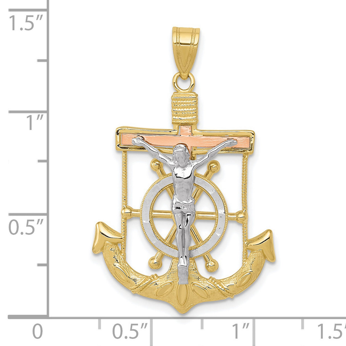 10k Tri-Color Gold Mariners Cross Pendant with Diamond Cut Anchor and Ship Wheel Design