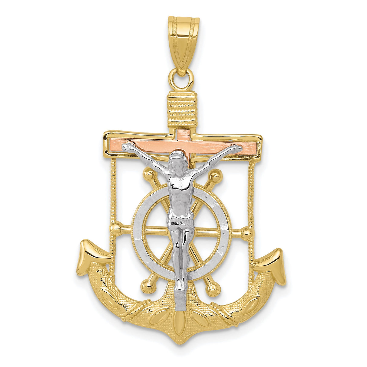 10k Tri-Color Gold Mariners Cross Pendant with Diamond Cut Anchor and Ship Wheel Design