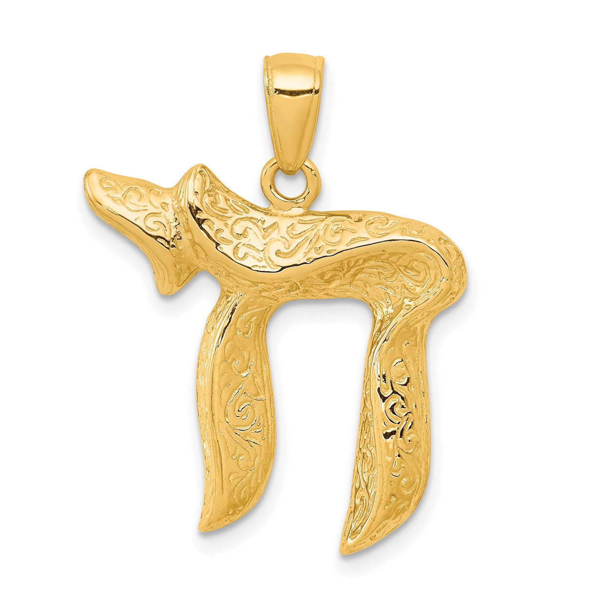 10k Yellow Gold Chai Pendant with Ornate Detailing, Jewish Hebrew Symbol Charm