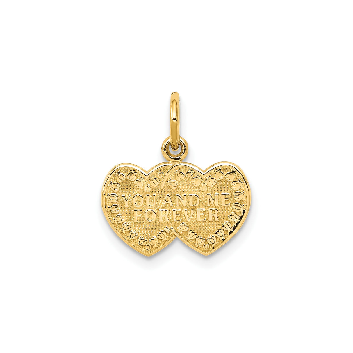 10k Yellow Gold Double Heart Pendant with Rose Border and You and Me Forever Engraving