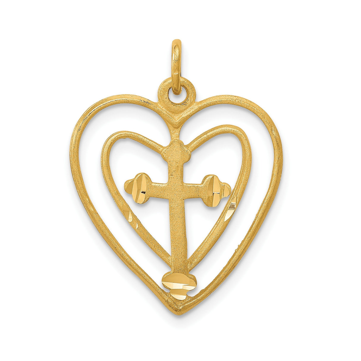 10k Yellow Gold Cross Pendant with Open Heart and Diamond Accent, Textured Brushed Finish