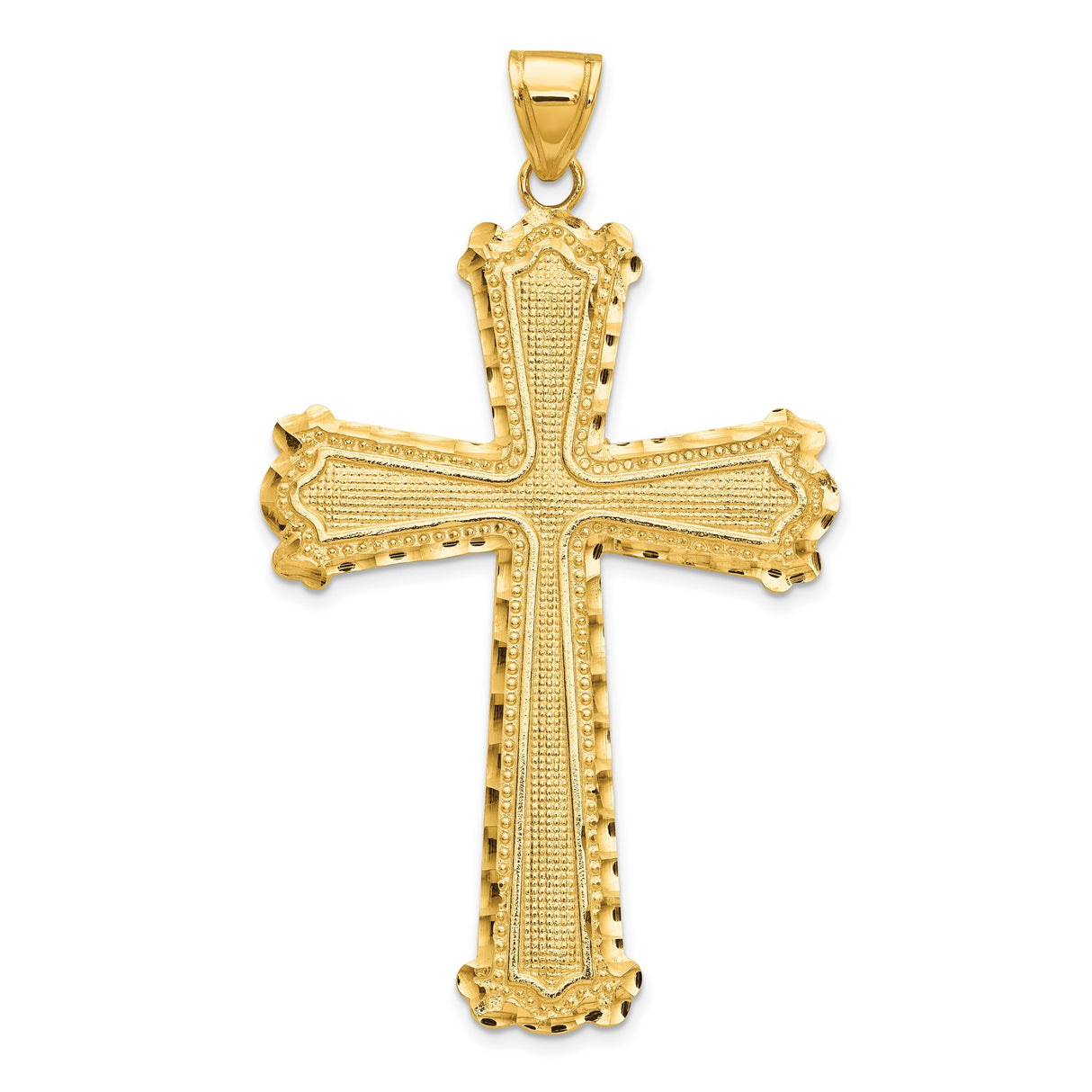 10k Yellow Gold Cross Pendant with Flared Tips and Milgrain Edges for Men and Women