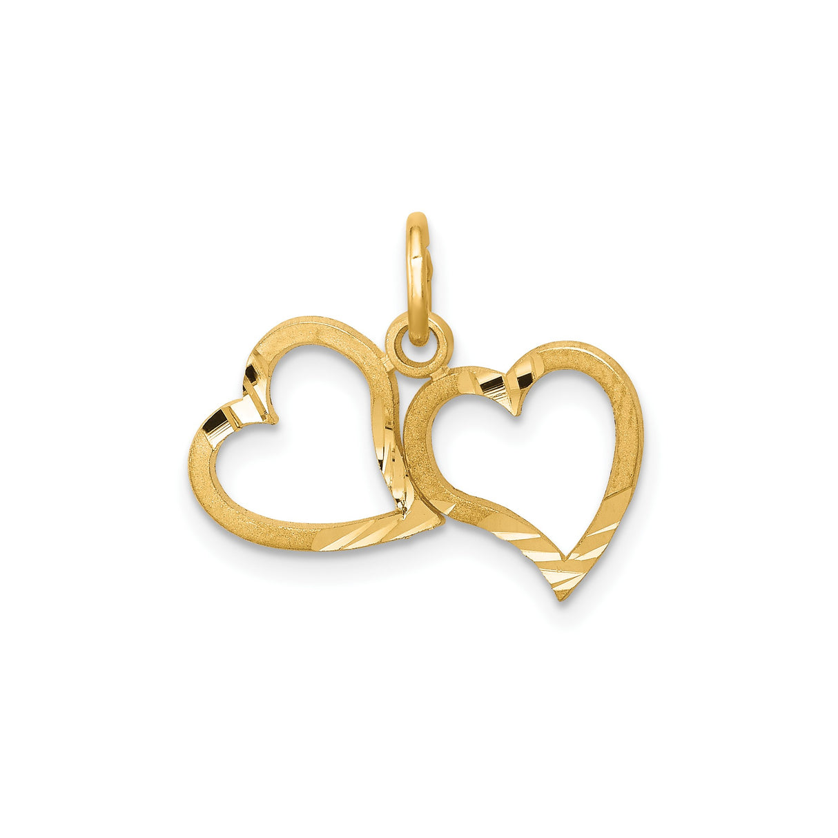 10k Yellow Gold Double Heart Pendant with Intertwined Open Hearts, Polished and Textured Design