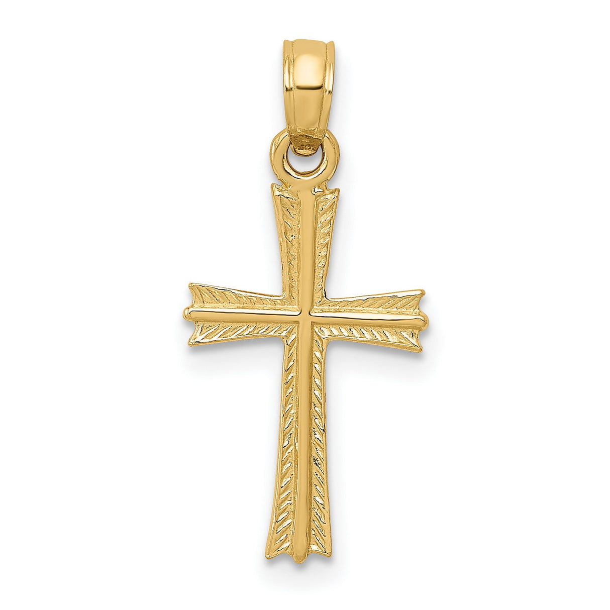 10k Yellow Gold Cross Pendant with Textured Flared Arms and Scroll Edge Design