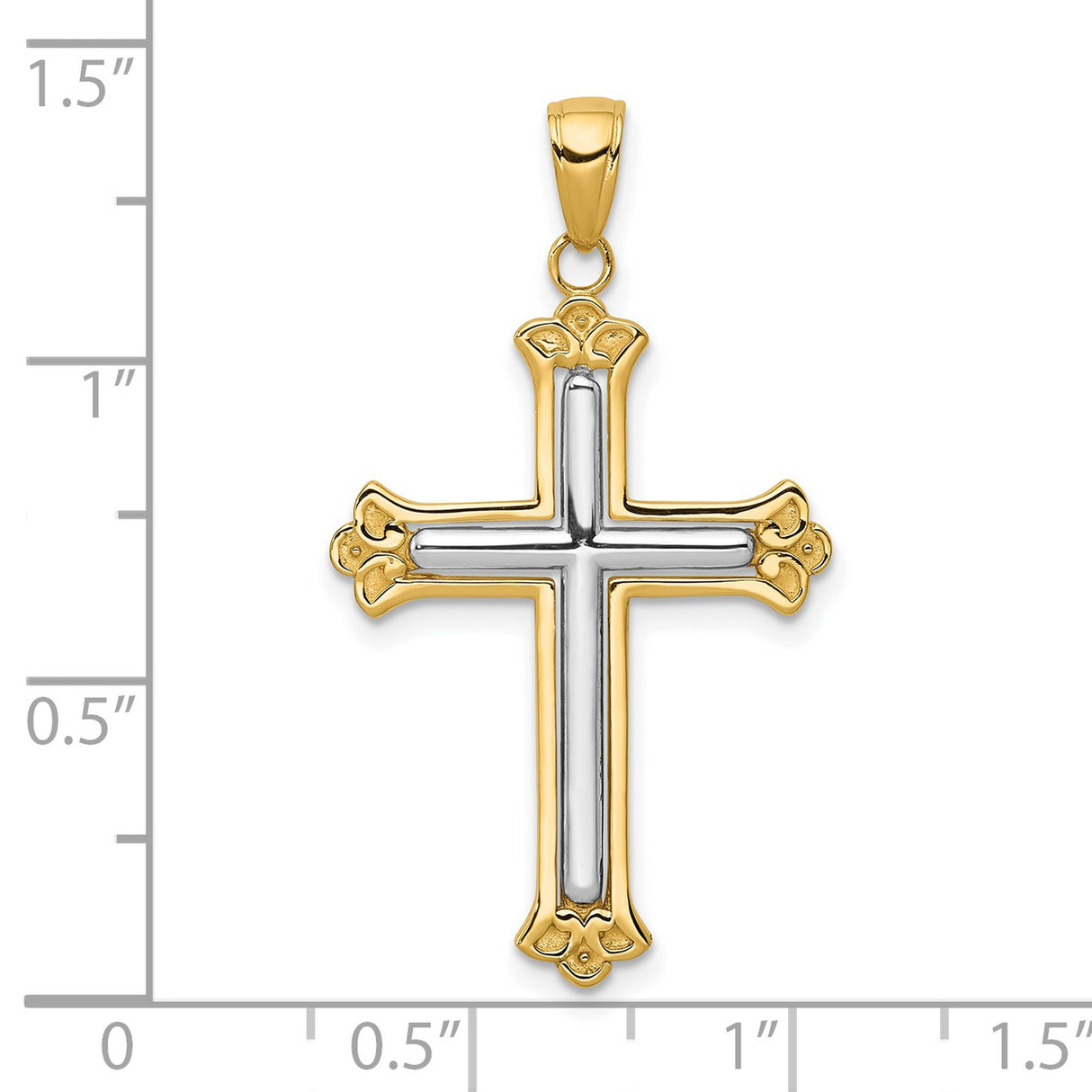 10k Two-Tone Gold Cross Pendant with Budded Yellow Frame and Rhodium Accent