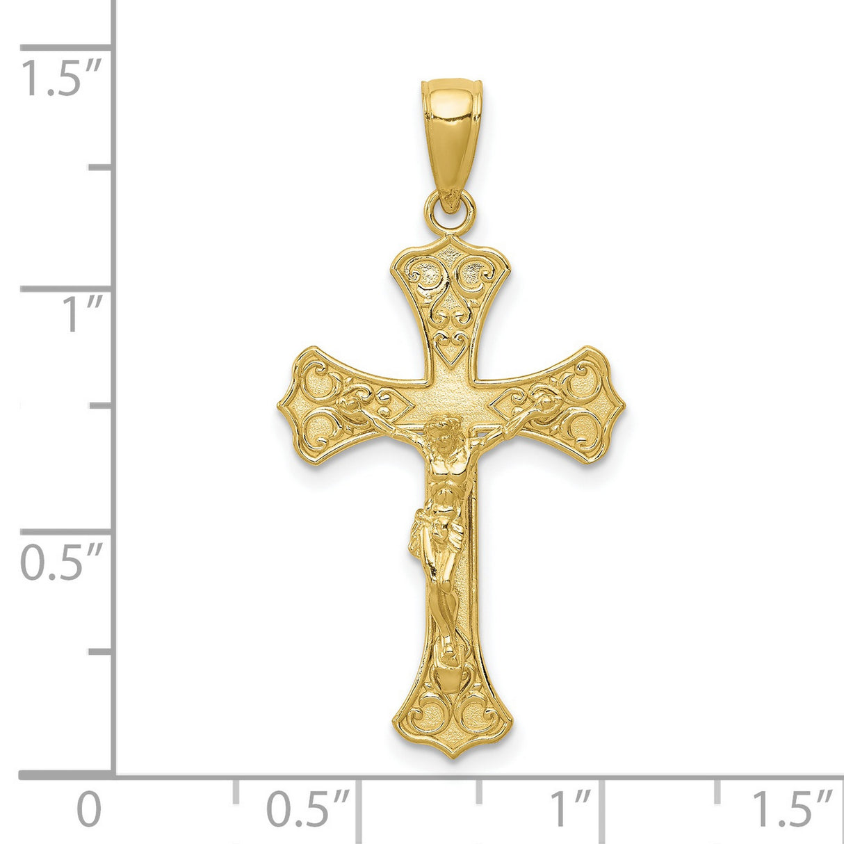 10k Yellow Gold Crucifix Pendant with Detailed Christ Figure and Filigree Design