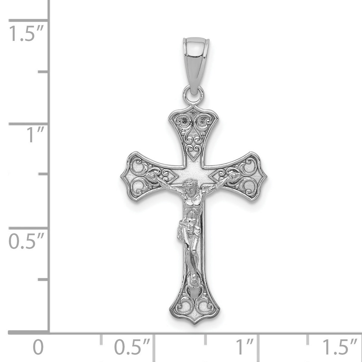 10k White Gold Crucifix Cross Pendant with Sculpted Jesus Figure, Filigree Design