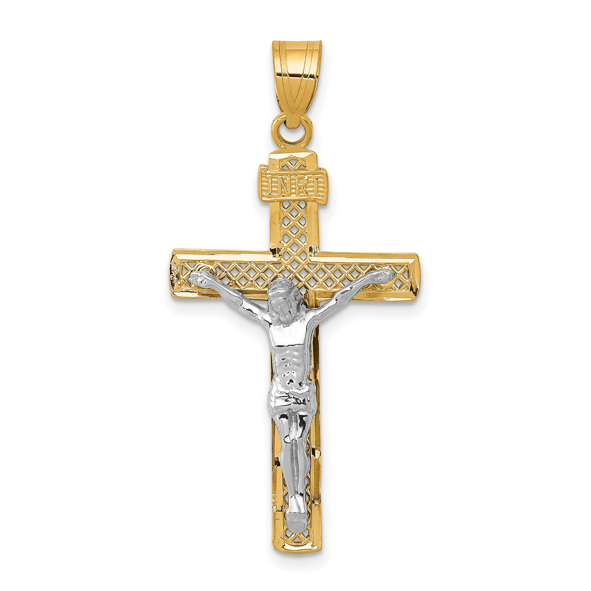 10k Multi-Tone Gold Crucifix Cross Pendant with INRI Plaque and Jesus Figure