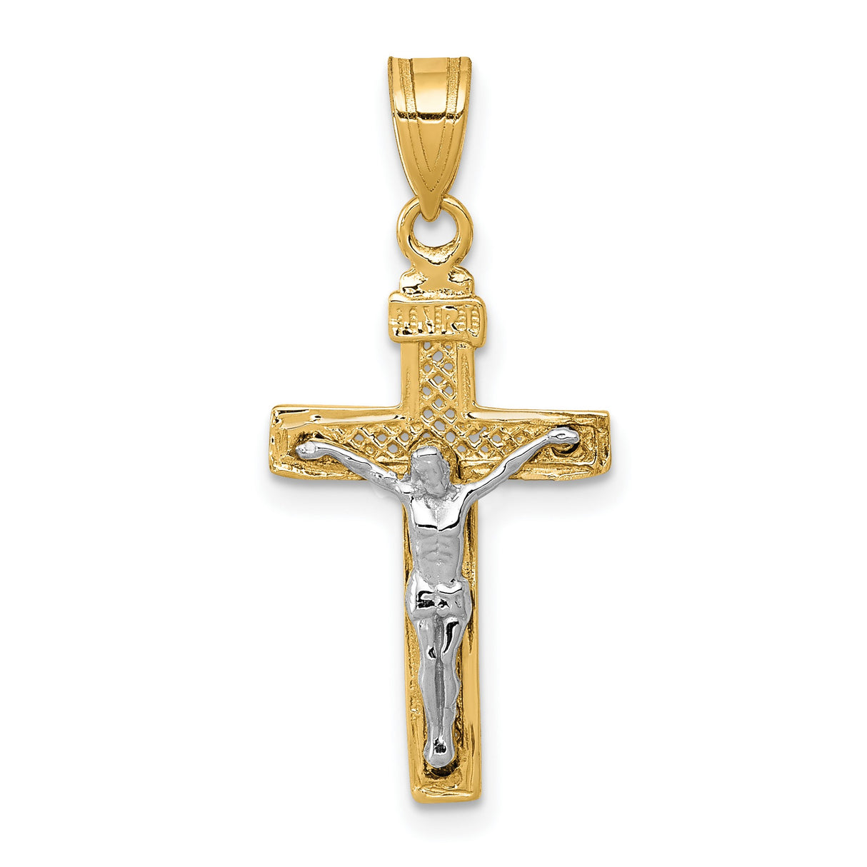 10k Two-Tone Gold Crucifix Pendant with Jesus, INRI, and Lattice Diamond-Cut Design