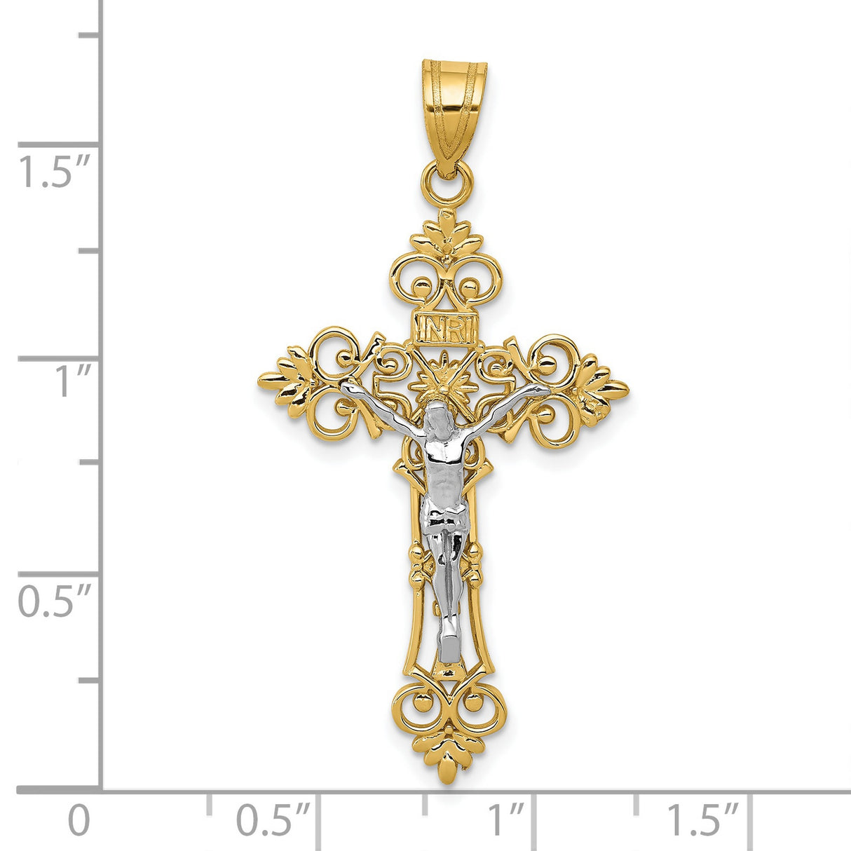 10k Multi-Tone Gold Crucifix Cross Pendant with INRI, Filigree Edges, Baroque Style