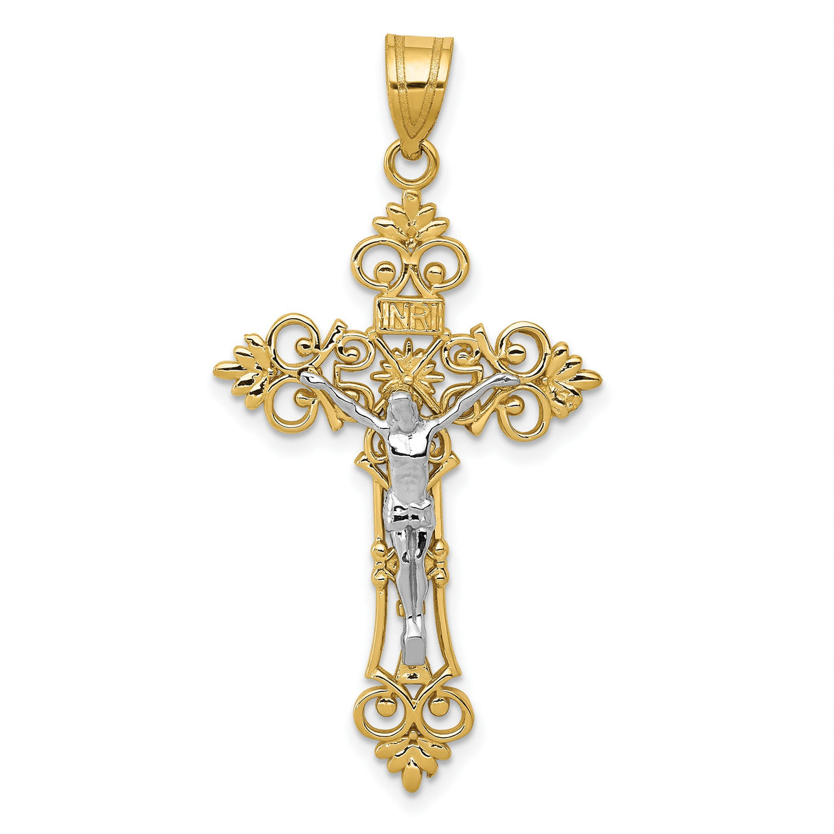 10k Multi-Tone Gold Crucifix Cross Pendant with INRI, Filigree Edges, Baroque Style