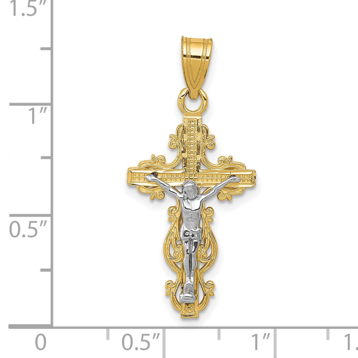 10k Two-Tone Gold Crucifix Cross Pendant with Jesus Figure, Baroque Religious Design