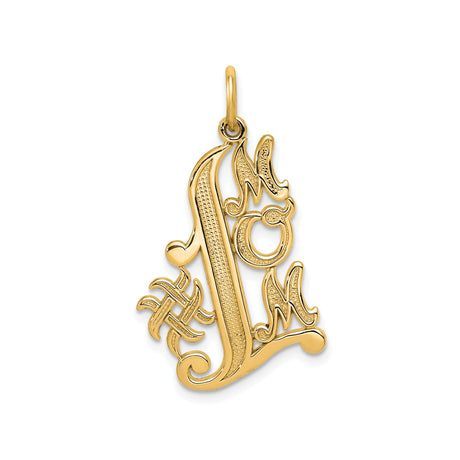10k Yellow Gold Mom Pendant with Stylized Cross Design and Ornate Lettering
