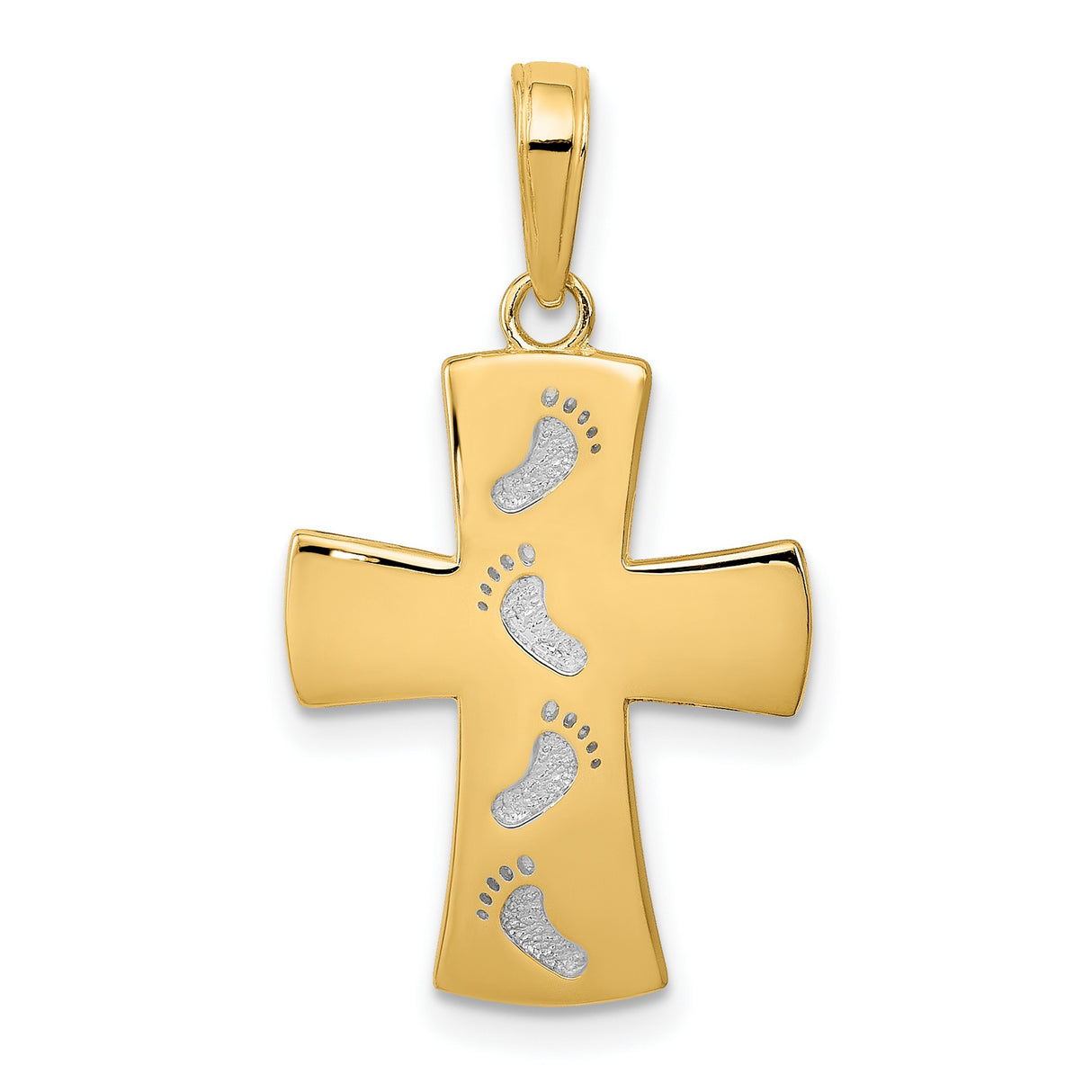 10k Multi-Tone Gold Cross Pendant with Rhodium Accents Footprints Design