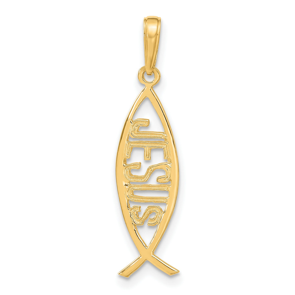 10k Yellow Gold Ichthys Fish Pendant with Jesus Name, Christian Religious Charm