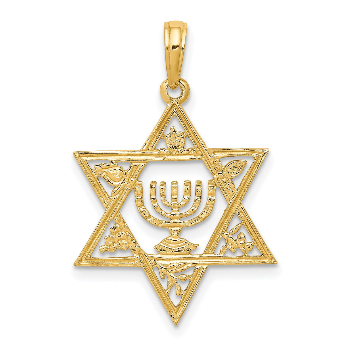 10k Yellow Gold Star of David Pendant with Menorah and Hebrew Symbol Design