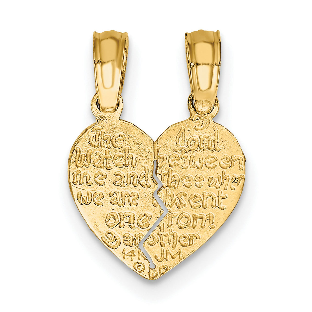 10k Yellow Gold Mizpah Heart Pendant with Breakable Split Design, Christian Couple Jewelry