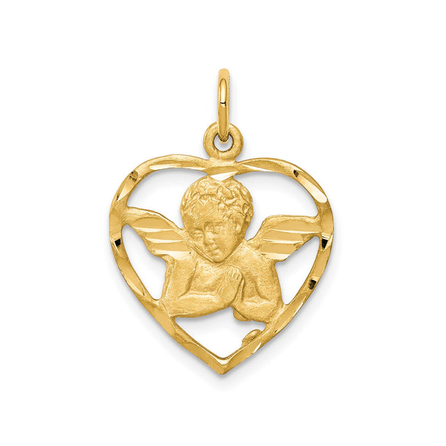 10k Yellow Gold Angel Pendant with Heart and Wings, Praying Religious Charm for Women