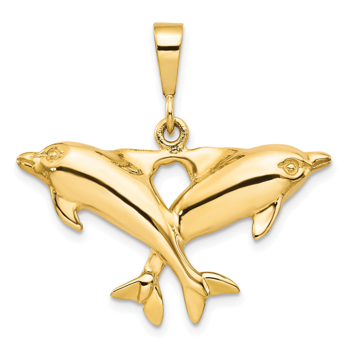 10k Yellow Gold Dolphin Heart Pendant with Twin Dolphins Forming Heart Shape, Nautical Theme