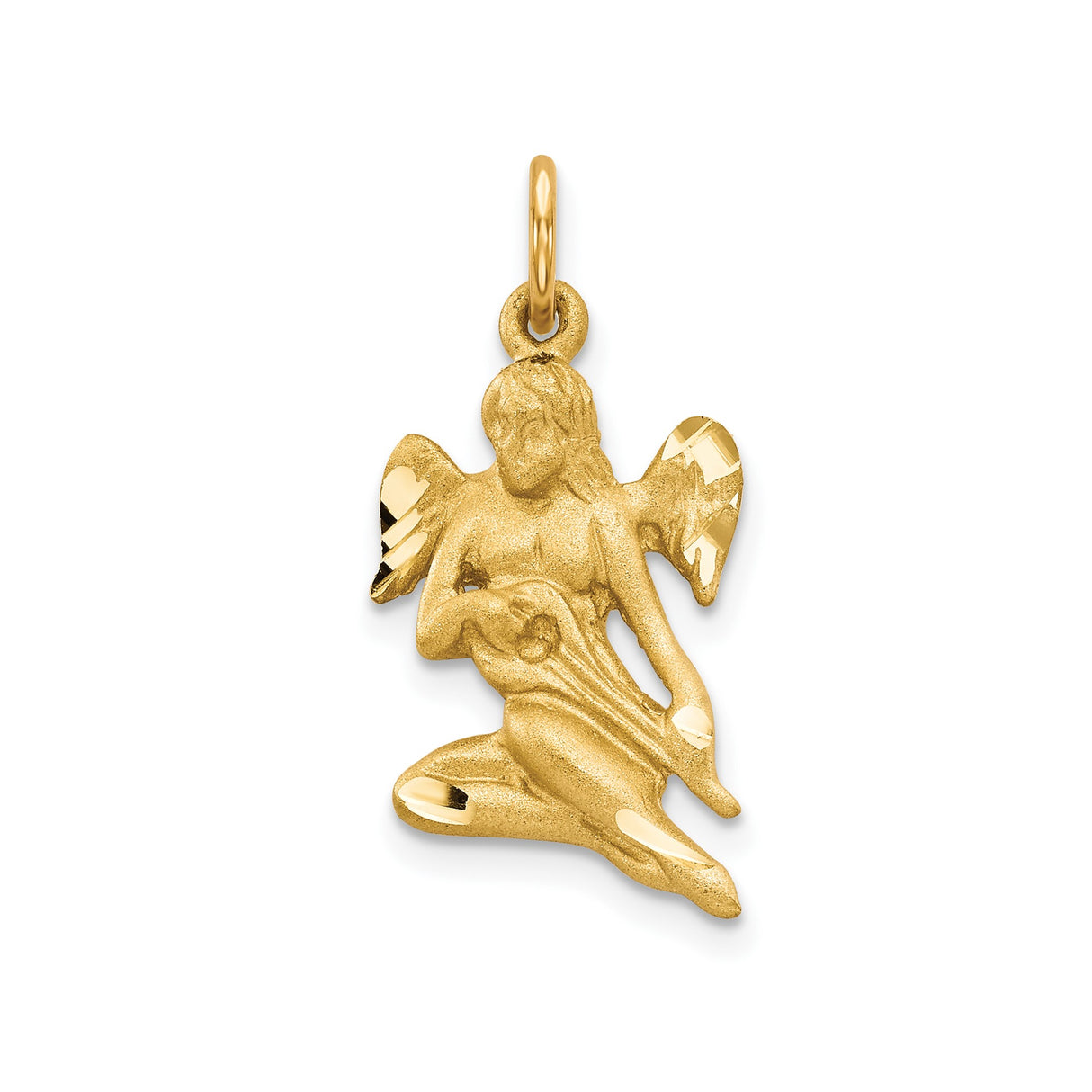10k Yellow Gold Kneeling Angel Pendant, Textured Polished Religious Charm for Women or Unisex Wear
