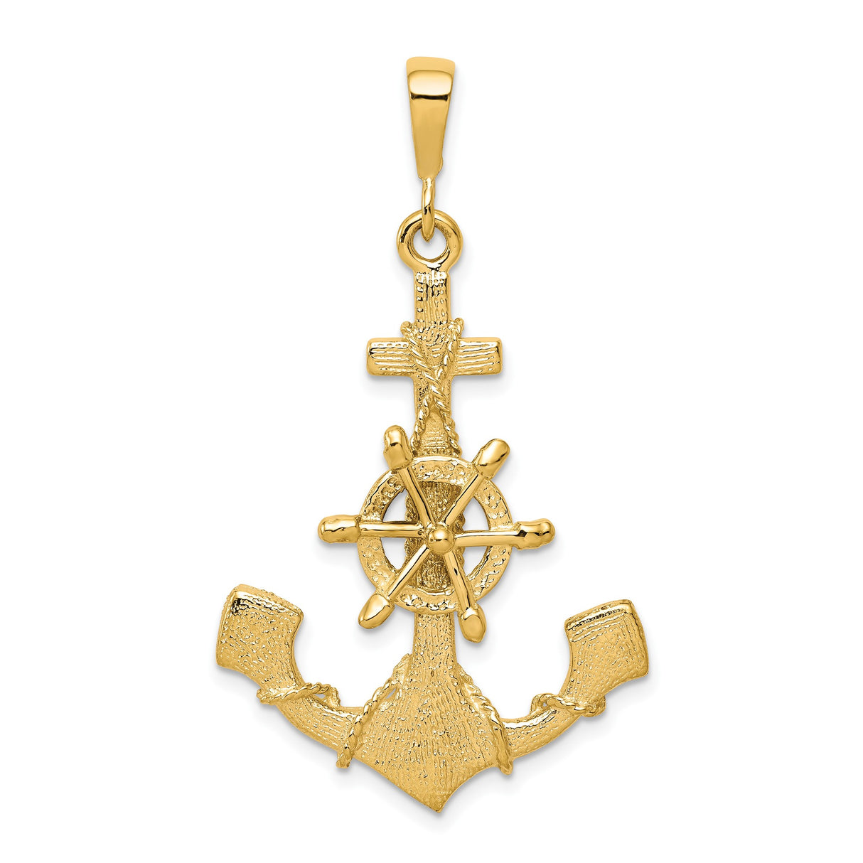 10k Yellow Gold Anchor Cross Pendant with Ship Wheel, Christian Nautical Jewelry for Men