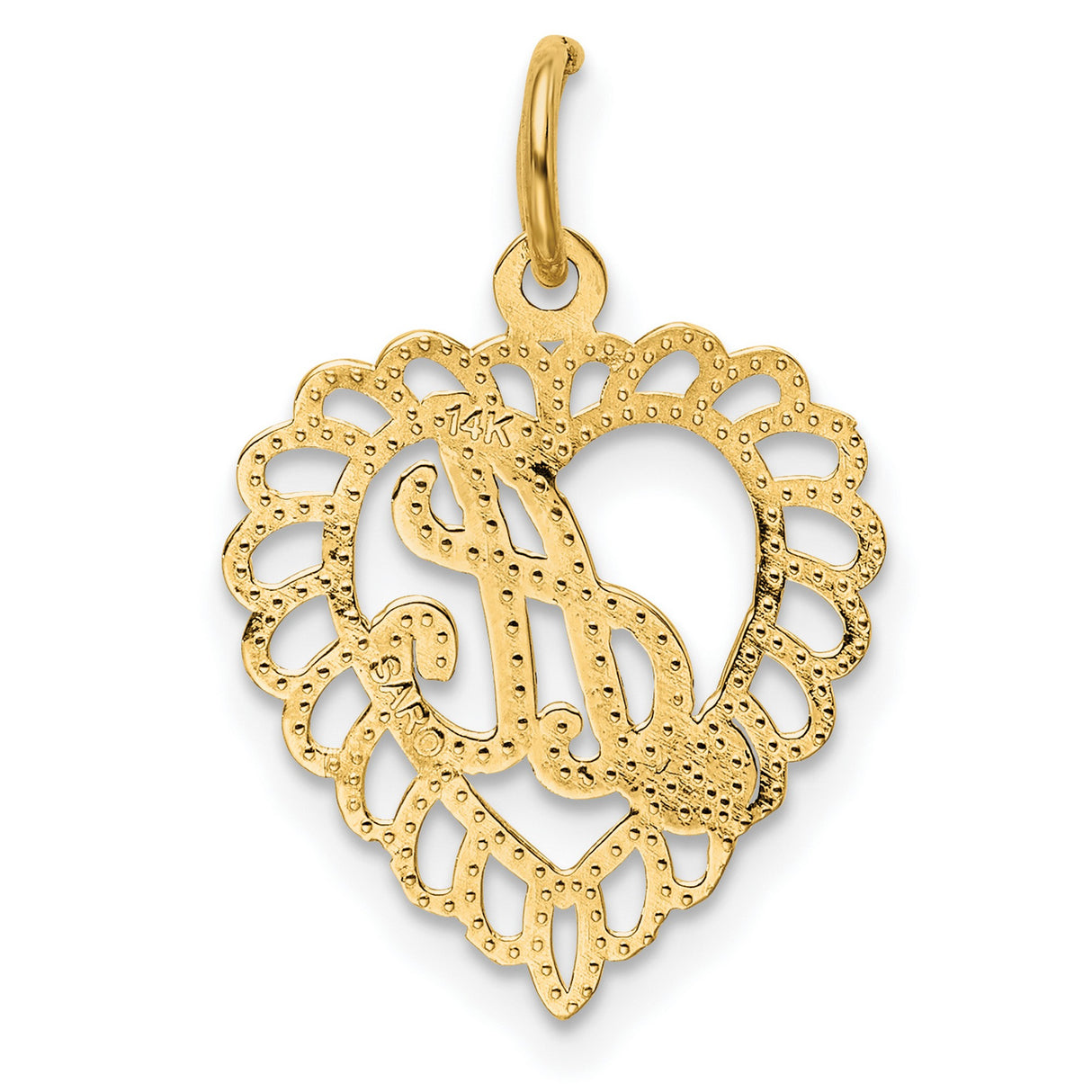 10k Yellow Gold Heart Pendant with Script Letter A, Scalloped Edge Design