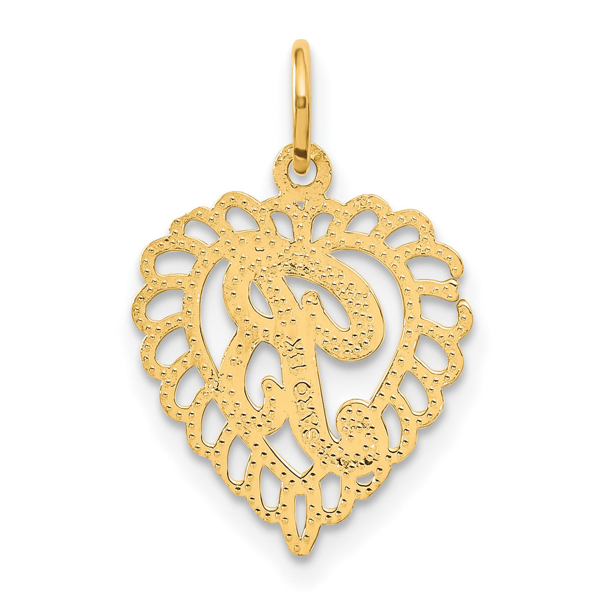 10k Yellow Gold Heart Pendant with Scripted Letter R, Ornate Openwork Design